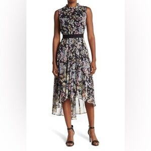 NWT Ted Baker Jasmine Sleeveless Dip Hem Floral Print Belted Dress in Black